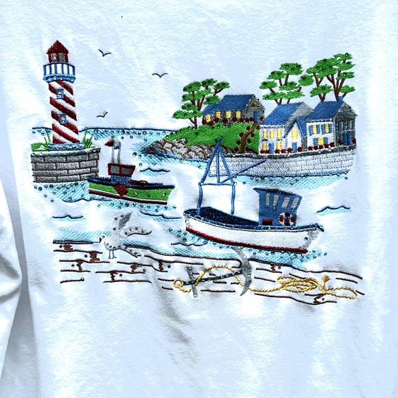 Quacker Factory 2X lighthouse embroidered summer scene T-SHIRT - Picture 2 of 7